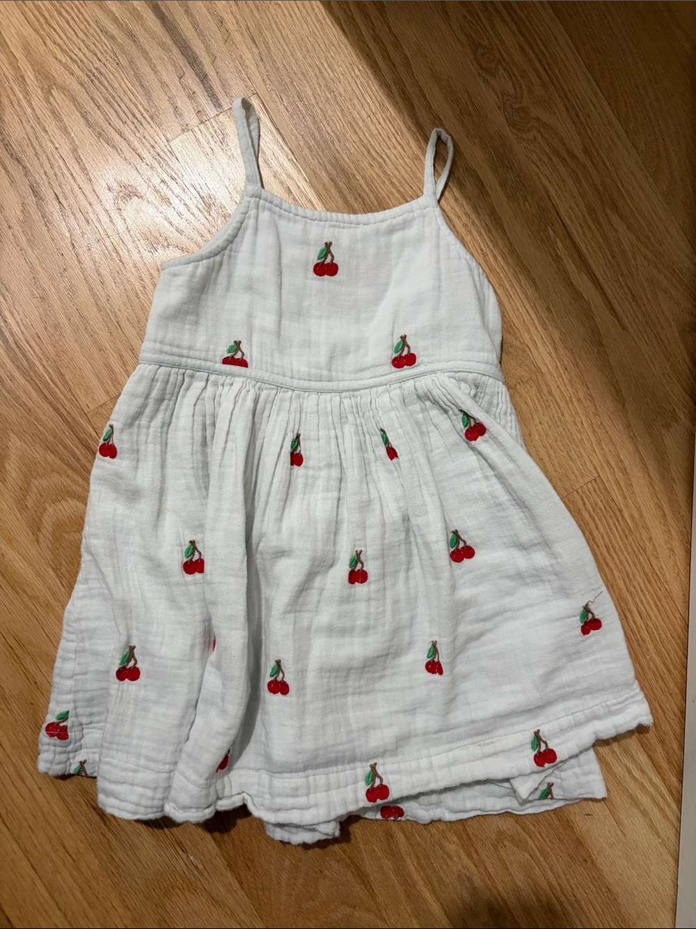 Pink Chicken White Cotton Girls' Cherry-Print Sleeveless Dress